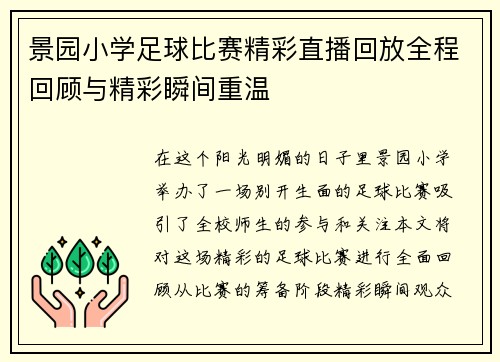 景园小学足球比赛精彩直播回放全程回顾与精彩瞬间重温